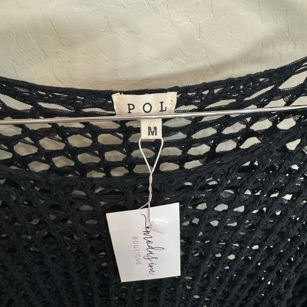 POL Black Open-Knit Crochet Scoop Neck Sweater New w Tags - Picture 2 of 4